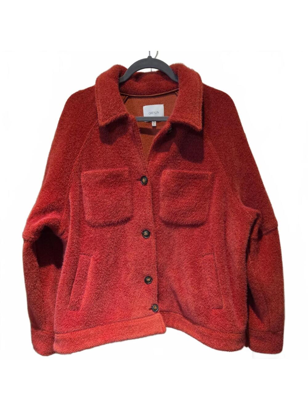 Anthropologie Greylin Houndstooth Fuzzy Shirt Jacket Shacket Rust size 1XL